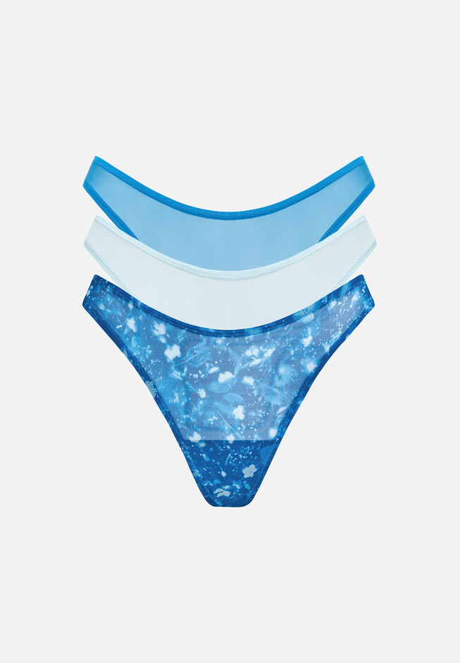 The Thong Pack of 3 - Mesh, Floral Cyanotype